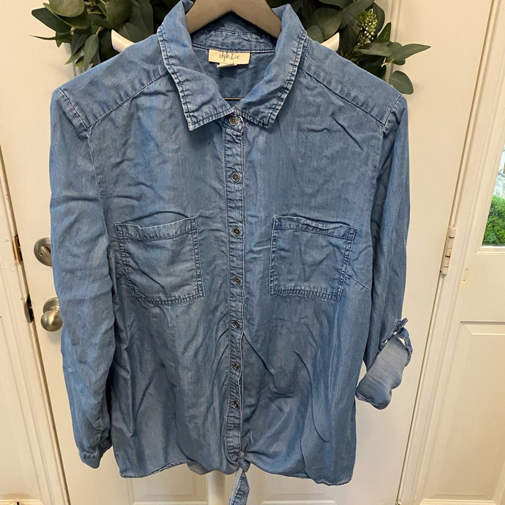 Style & Co Chambray Button Down Tie Front Shirt LS L